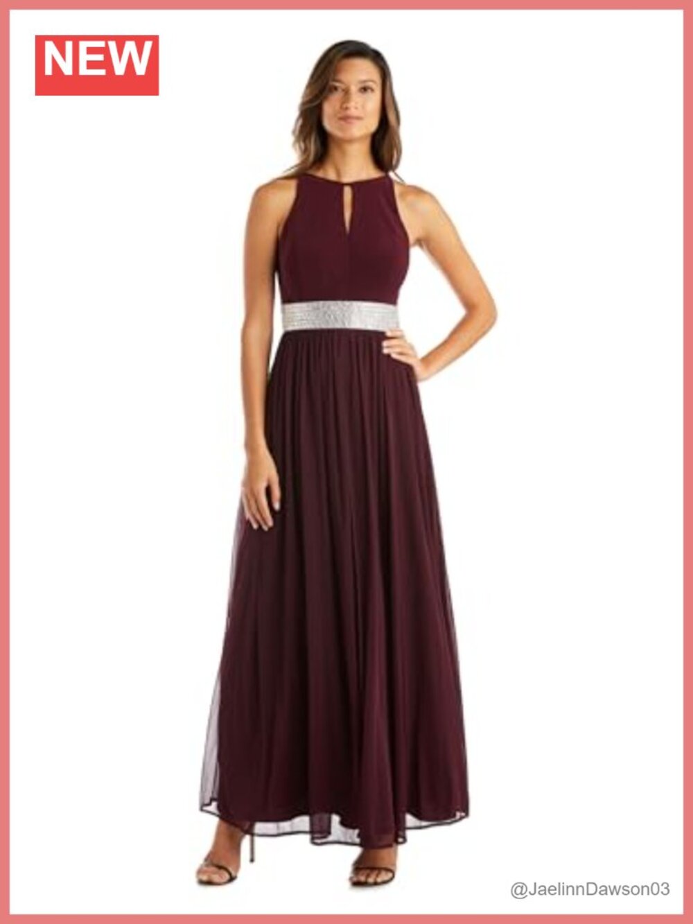 R&M Richards Flowing Glam Evening Dress Rhinestone Waist Halter Maxi